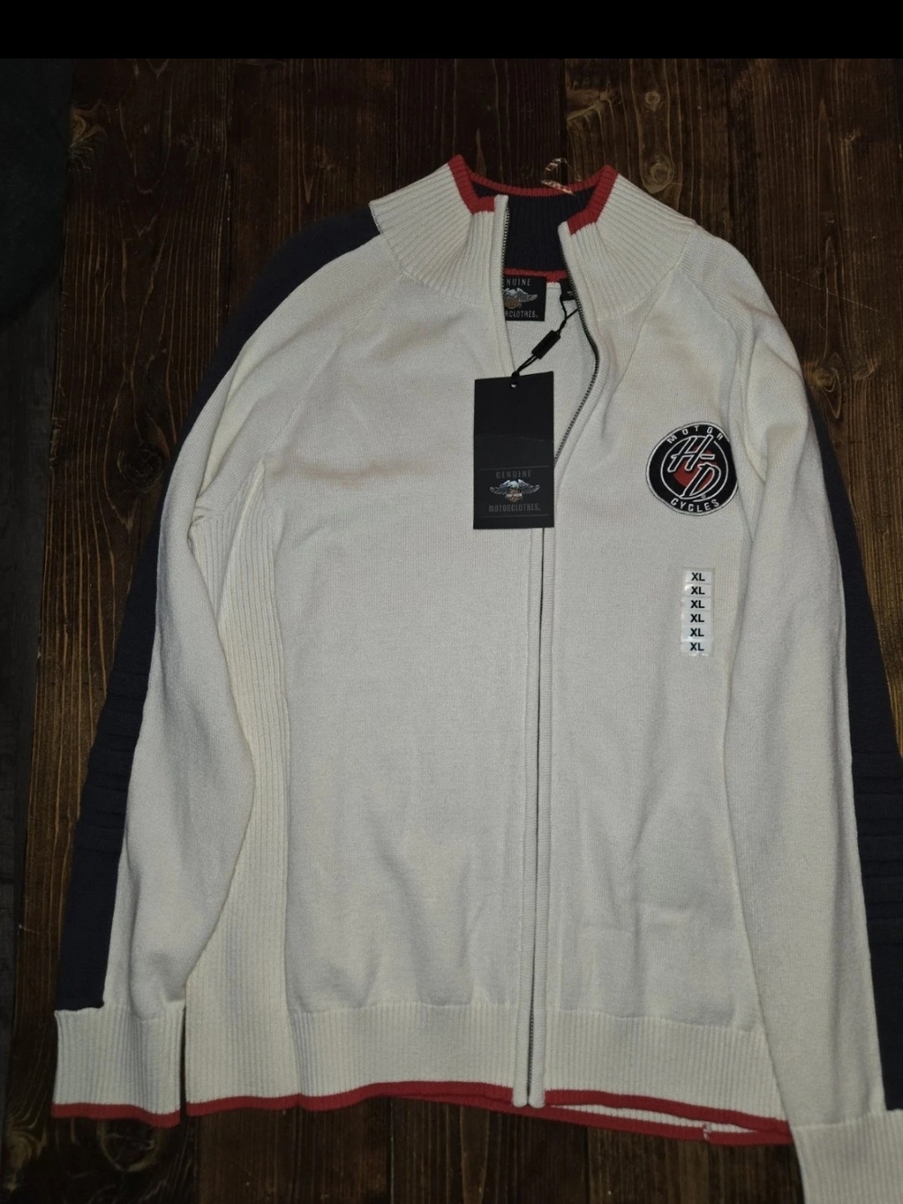 Harley-Davidson Men’s White Zip-Up Sweater with Navy Sleeves and Red Trim